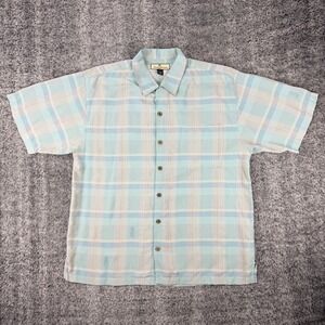 Tommy Bahama Mens L Silk Blue Pineapple Print Plaid Short Sleeve Button Up Shirt